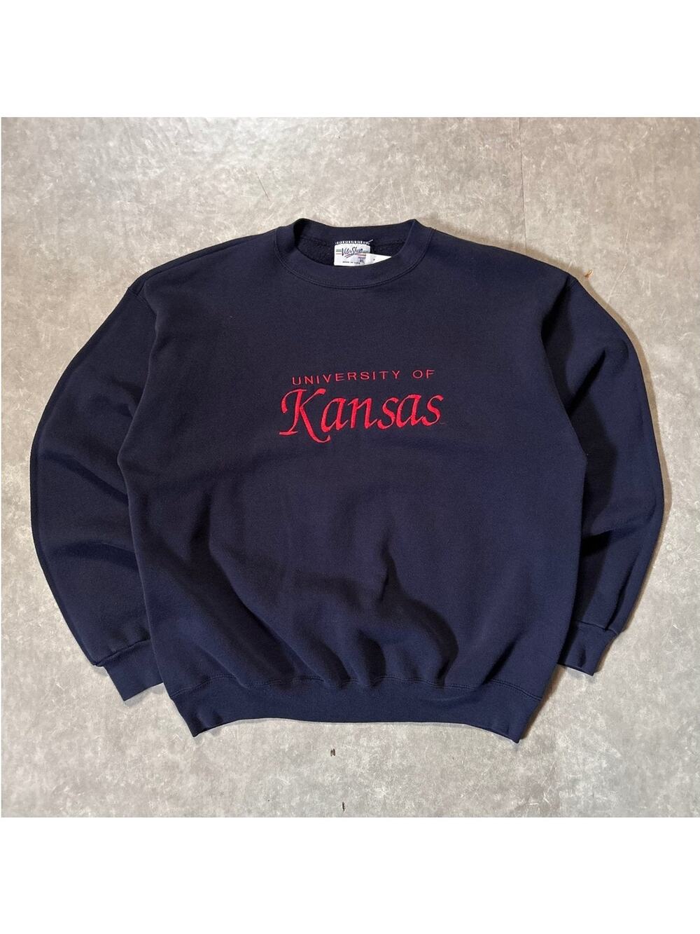 90's Vintage Kansas Jayhawks Embroidered Navy Crewneck -XL